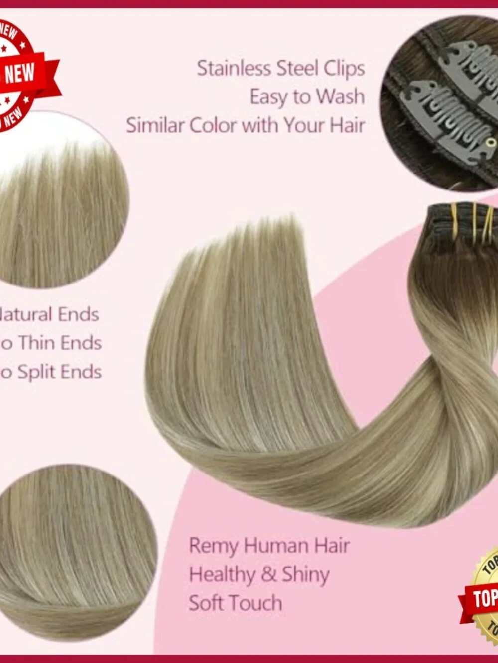 16in Clip-In Human Hair Extensions 7pc Set 120g Heat Stylable